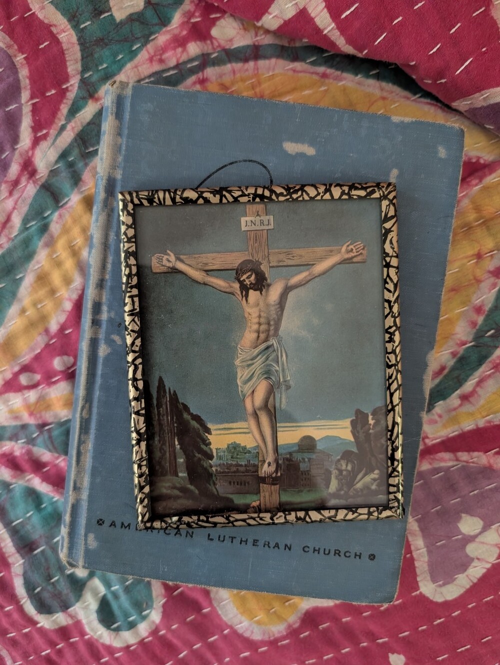 Antique religious books & old Jesus print, books for art projects, paper arts
